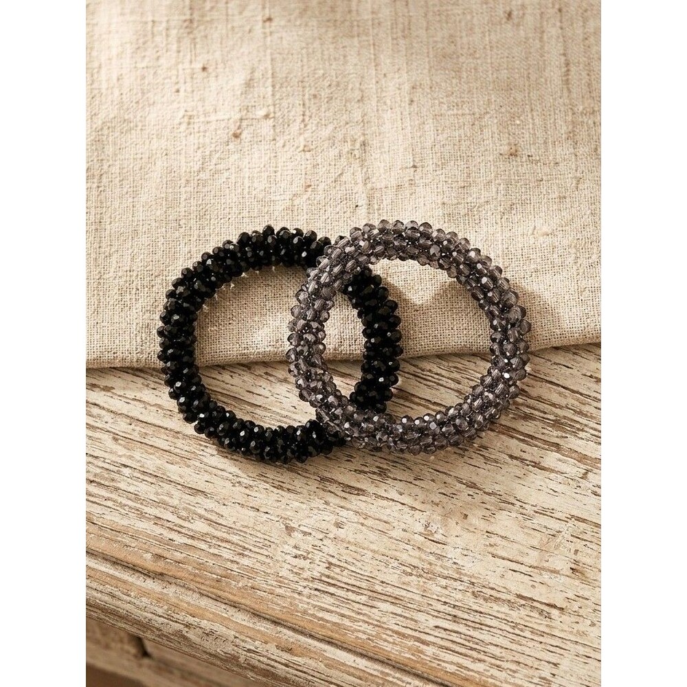 Crystal Beaded Hair Tie Set - Black & Grey- 2 Pieces